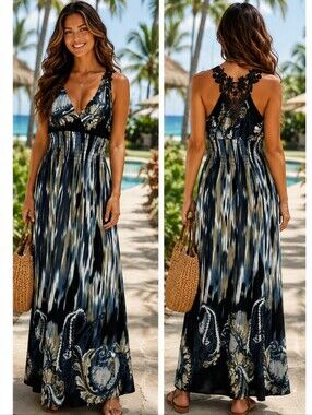 J&M Blue Black Paisley Ikat Lace Back Smocked Maxi Dress XL HY2246